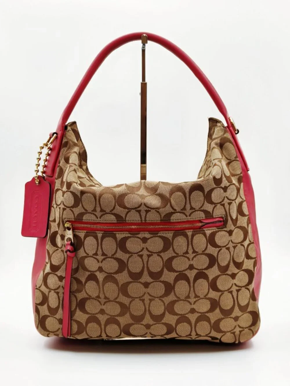 Coach Signature C Jacquard Hobo Shoulder Bag Brown Pink Leather Trim